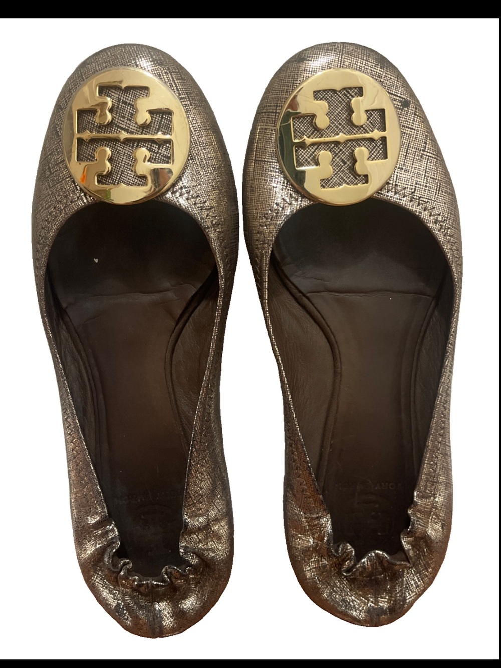Tory Burch Metallic Bronze Logo Ballet Flats